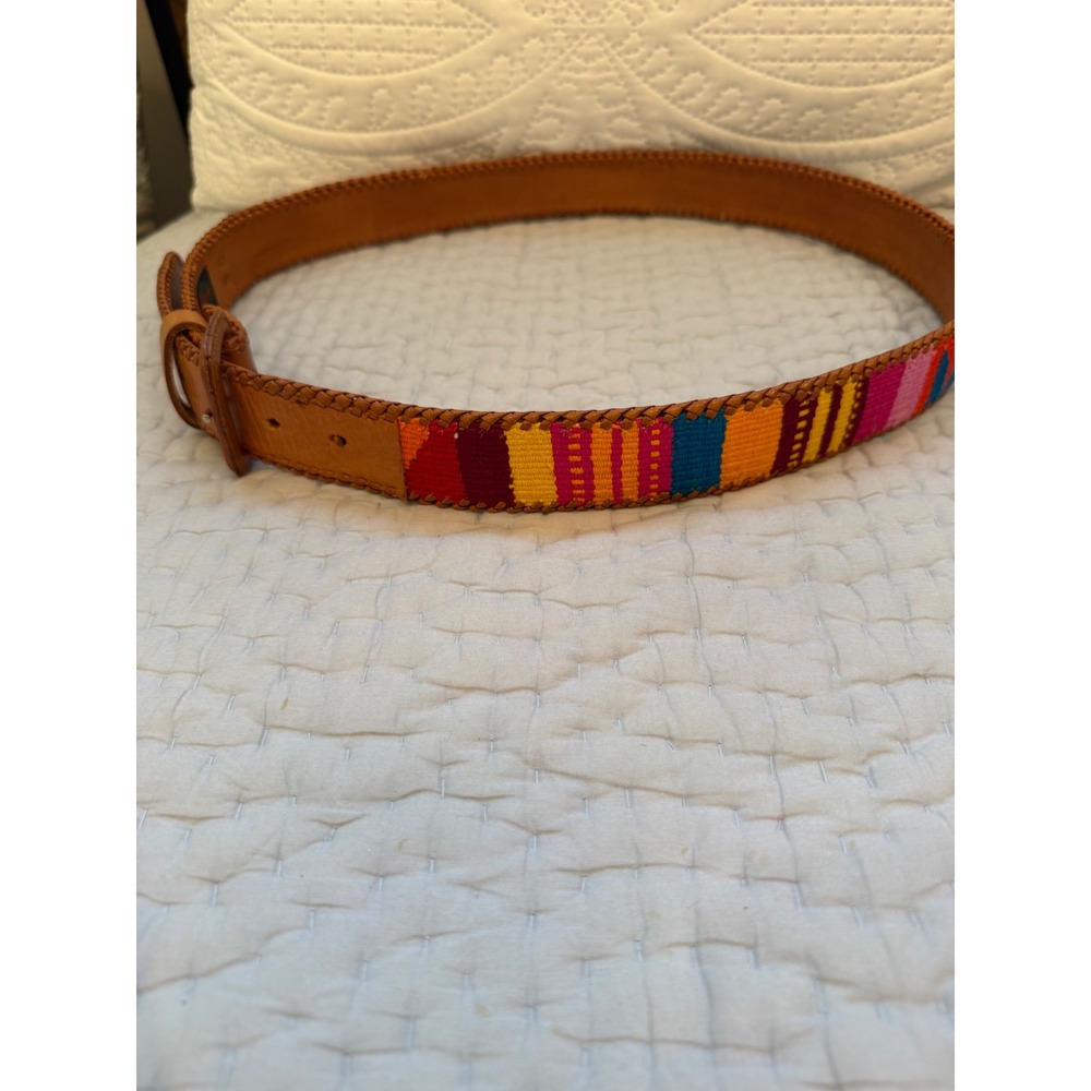 Artesania Leather Belt Woven Colorful Textile Whipstitch Boho Tan Size 38